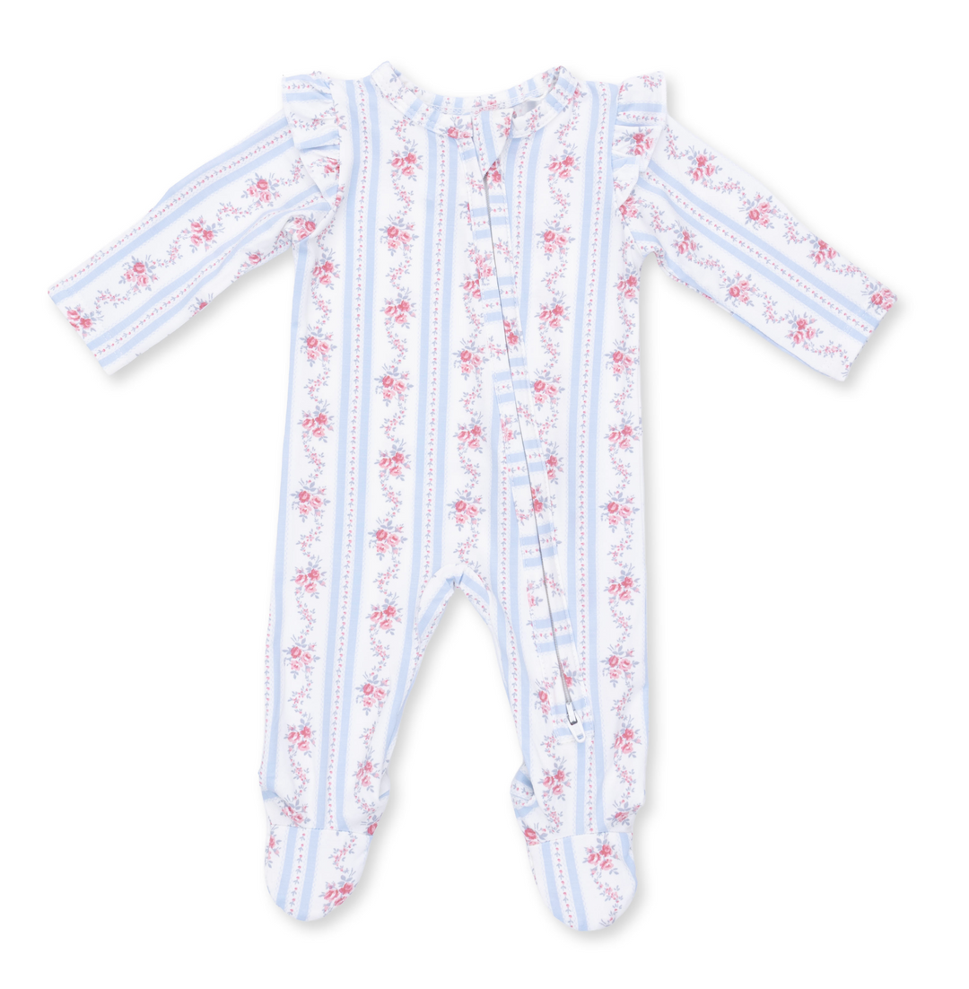 Two Way Zipper Ruffle Sleeve Footie | Anna Floral Stripe
