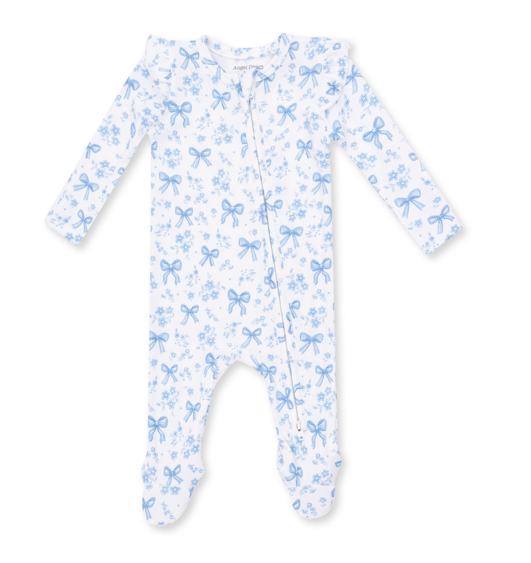 Two Way Zipper Ruffle Sleeve Footie | Blue Bows and Flowers