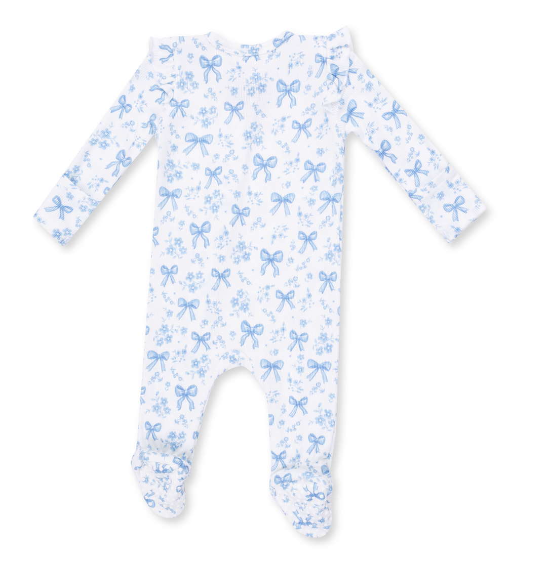 Two Way Zipper Ruffle Sleeve Footie | Blue Bows and Flowers