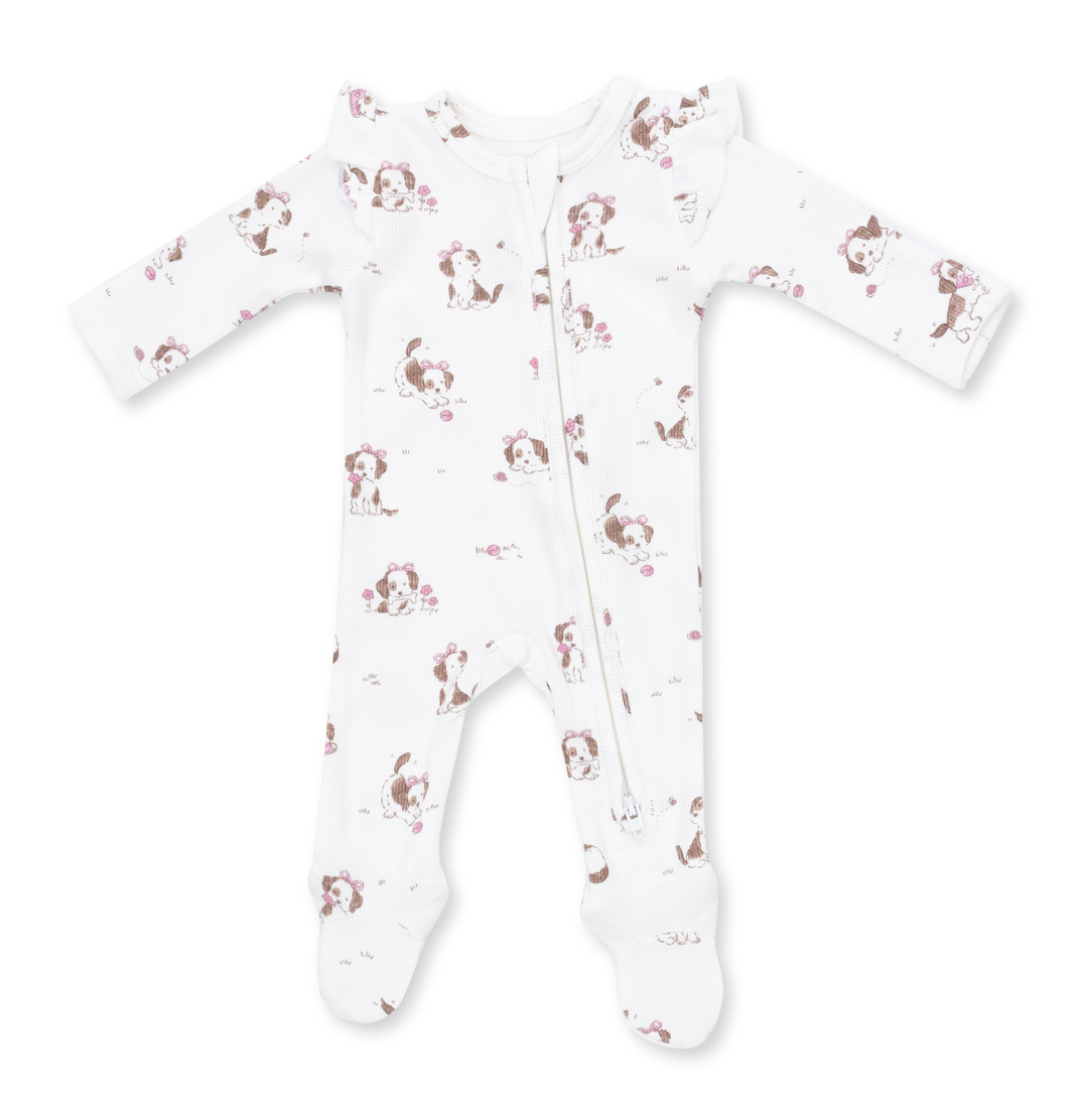 Two Way Zipper Ruffle Sleeve Footie | Pink Explorer Puppy