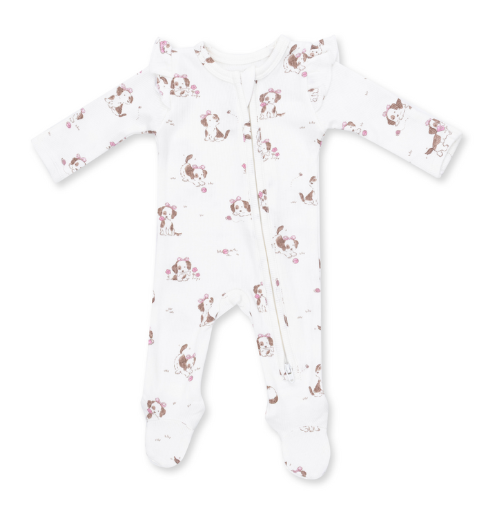 Two Way Zipper Ruffle Sleeve Footie | Pink Explorer Puppy