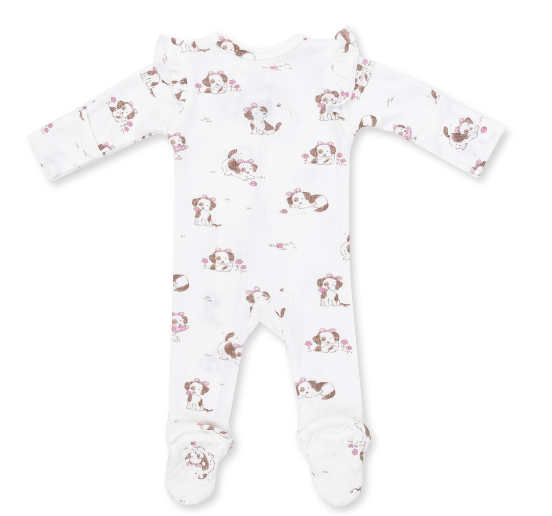 Two Way Zipper Ruffle Sleeve Footie | Pink Explorer Puppy