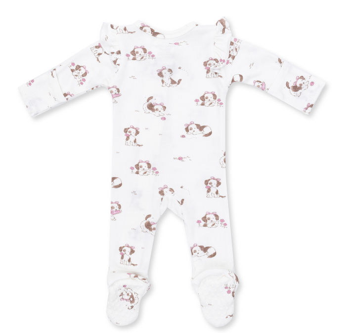 Two Way Zipper Ruffle Sleeve Footie | Pink Explorer Puppy