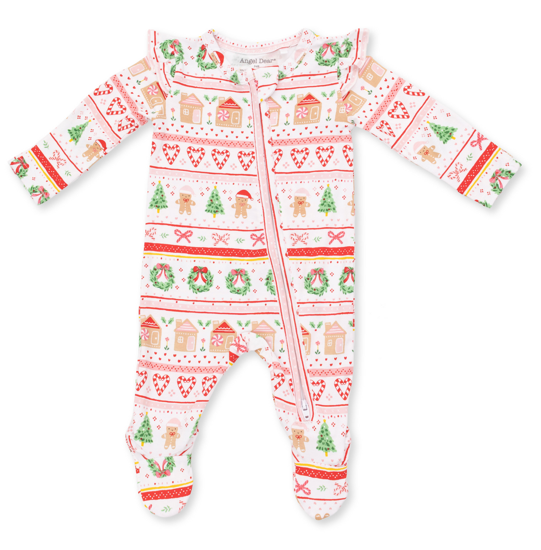 Two Way Zipper Ruffle Sleeve Footie | Gingerbread Fair Isle Pink