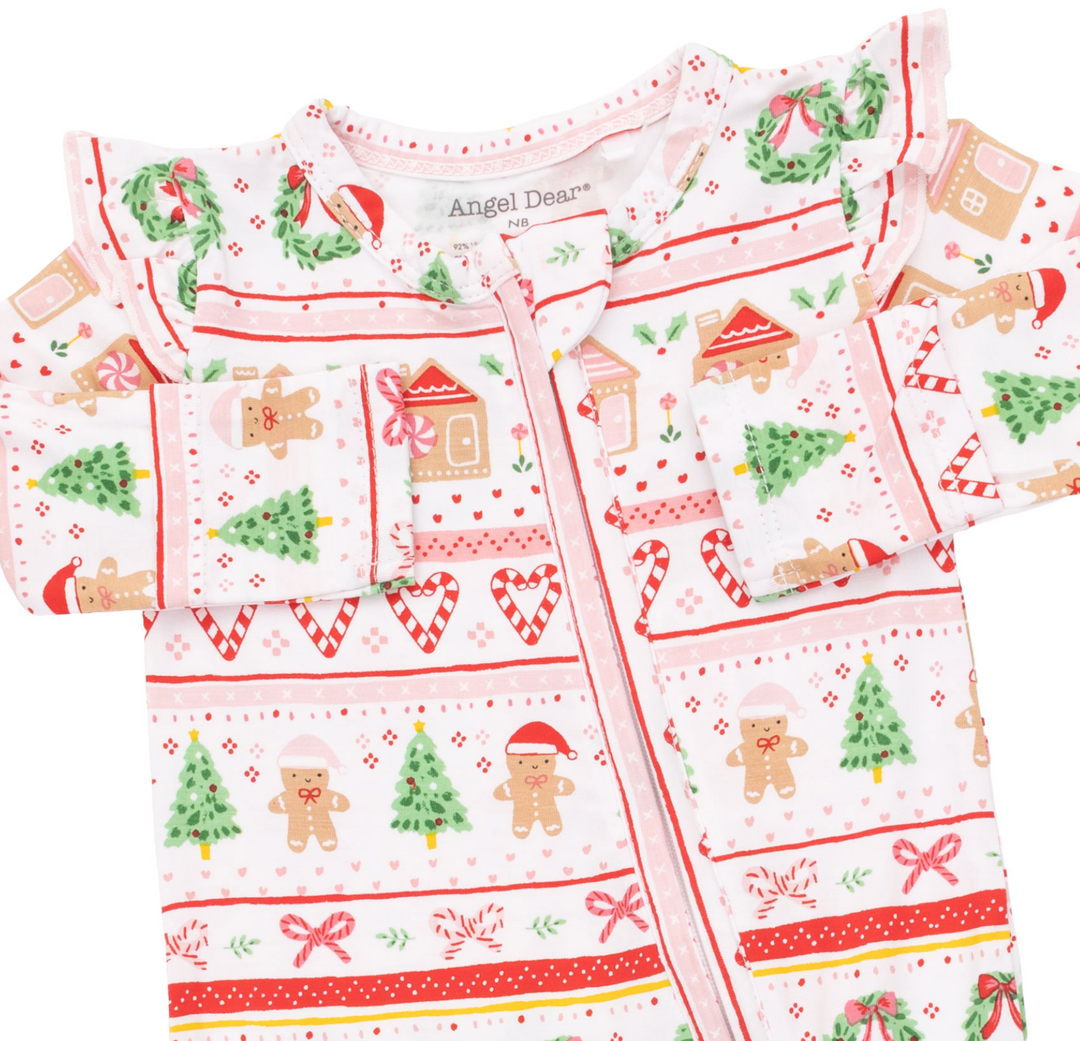 Two Way Zipper Ruffle Sleeve Footie | Gingerbread Fair Isle Pink