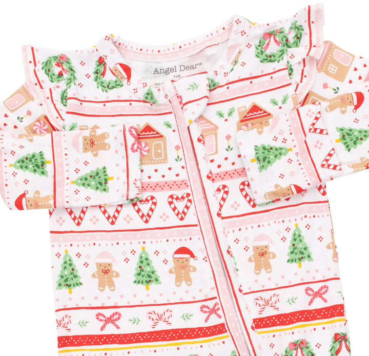 Two Way Zipper Ruffle Sleeve Footie | Gingerbread Fair Isle Pink