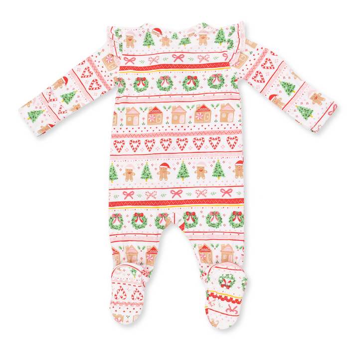 Two Way Zipper Ruffle Sleeve Footie | Gingerbread Fair Isle Pink