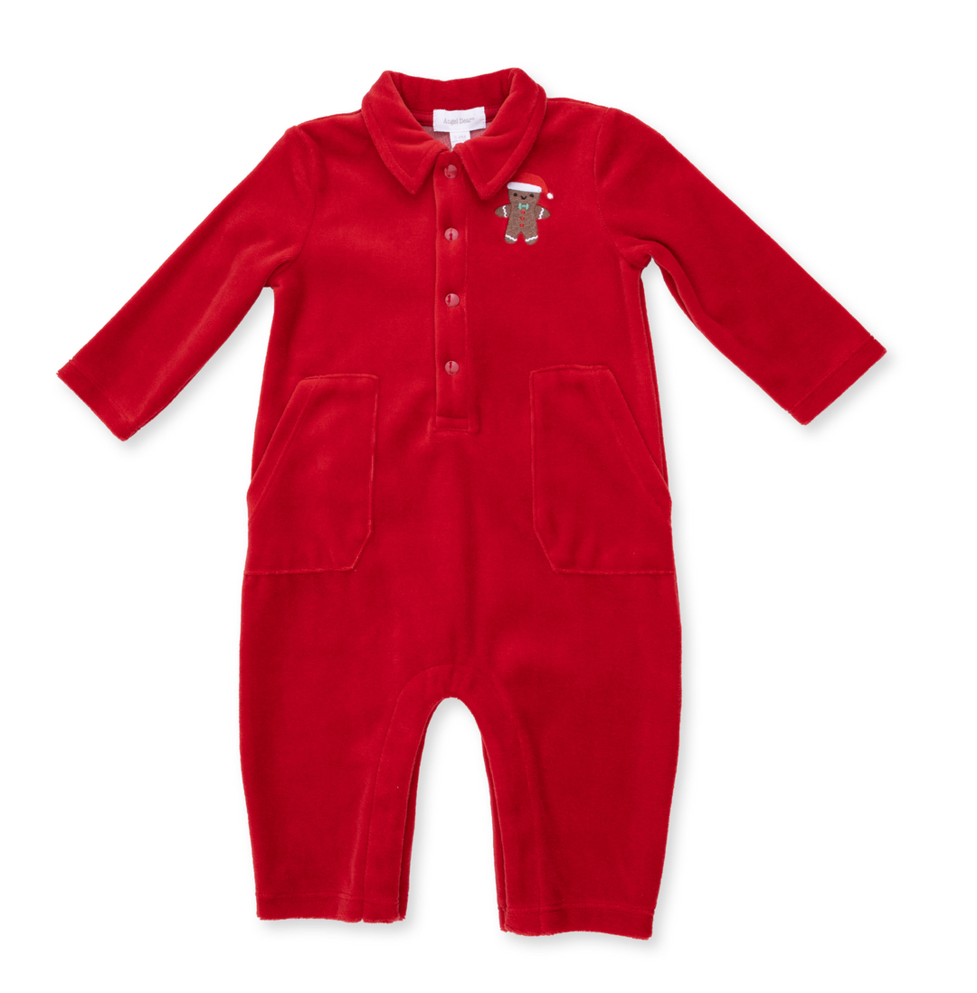 Red Velour Holiday Jumpsuit w/Bear