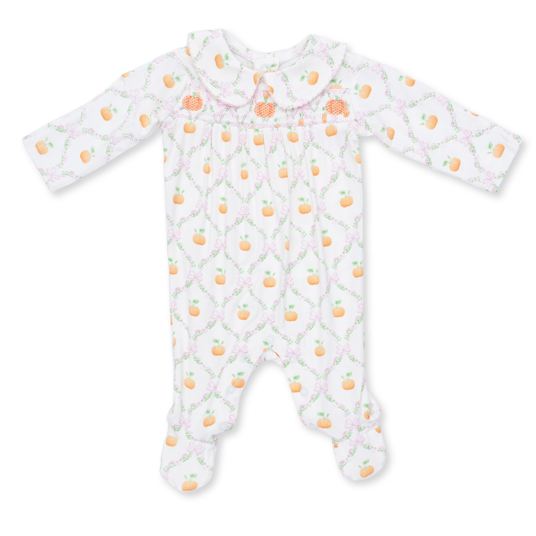 Smocked Peter Pan Snap Footie | Pretty Pumpkin Trellis