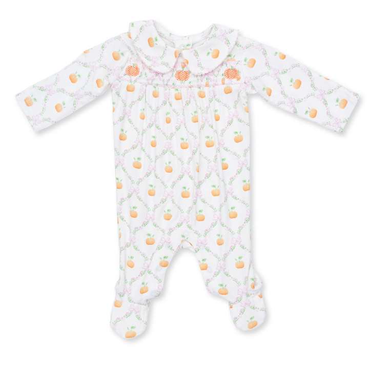 Smocked Peter Pan Snap Footie | Pretty Pumpkin Trellis