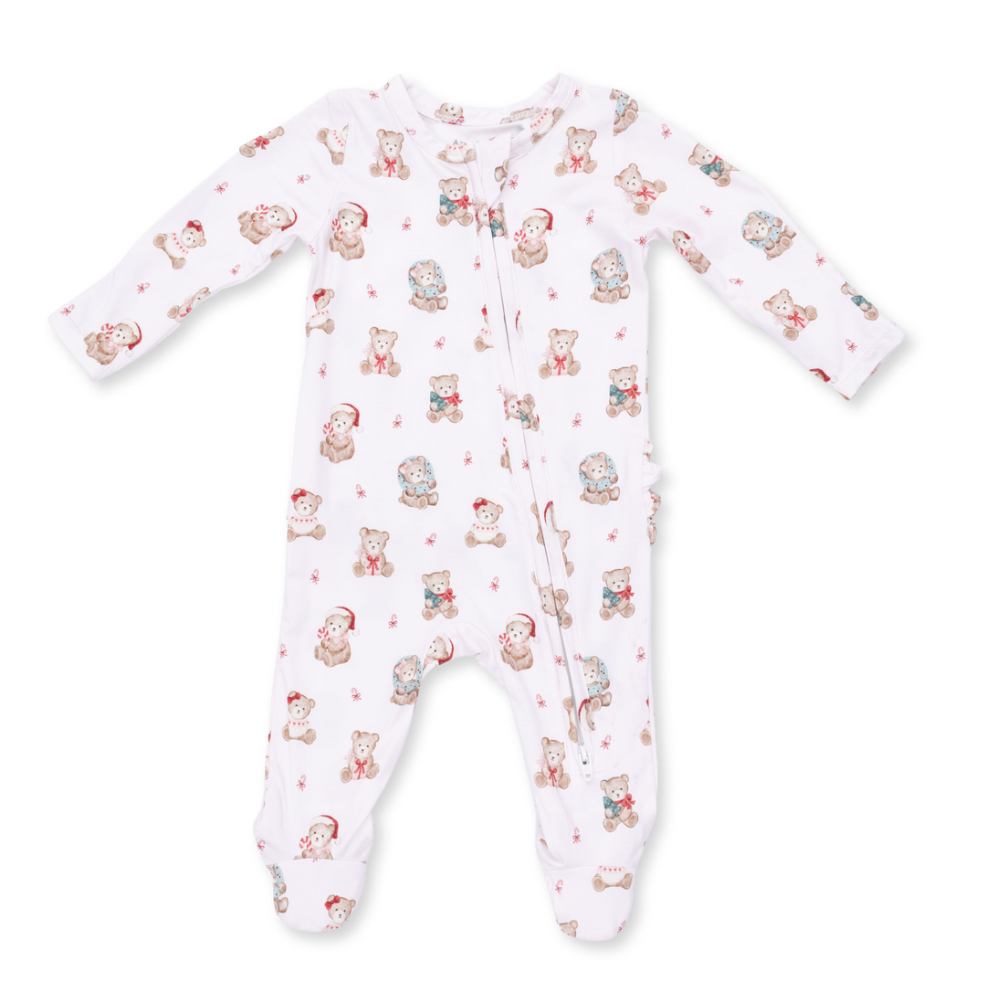 Two Way Ruffle Back Zipper Footie | Christmas Teddy Bears Pink