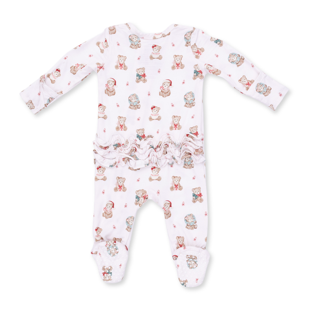 Two Way Ruffle Back Zipper Footie | Christmas Teddy Bears Pink