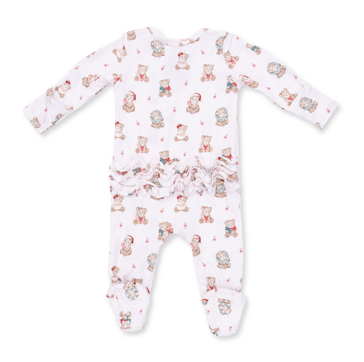 Two Way Ruffle Back Zipper Footie | Christmas Teddy Bears Pink