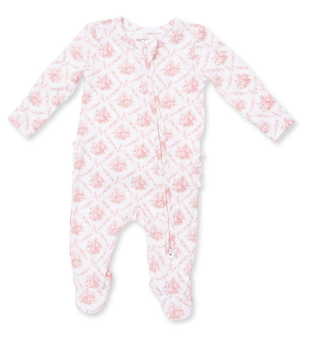 Two Way Ruffle Back Zipper Footie | Rose Lattice