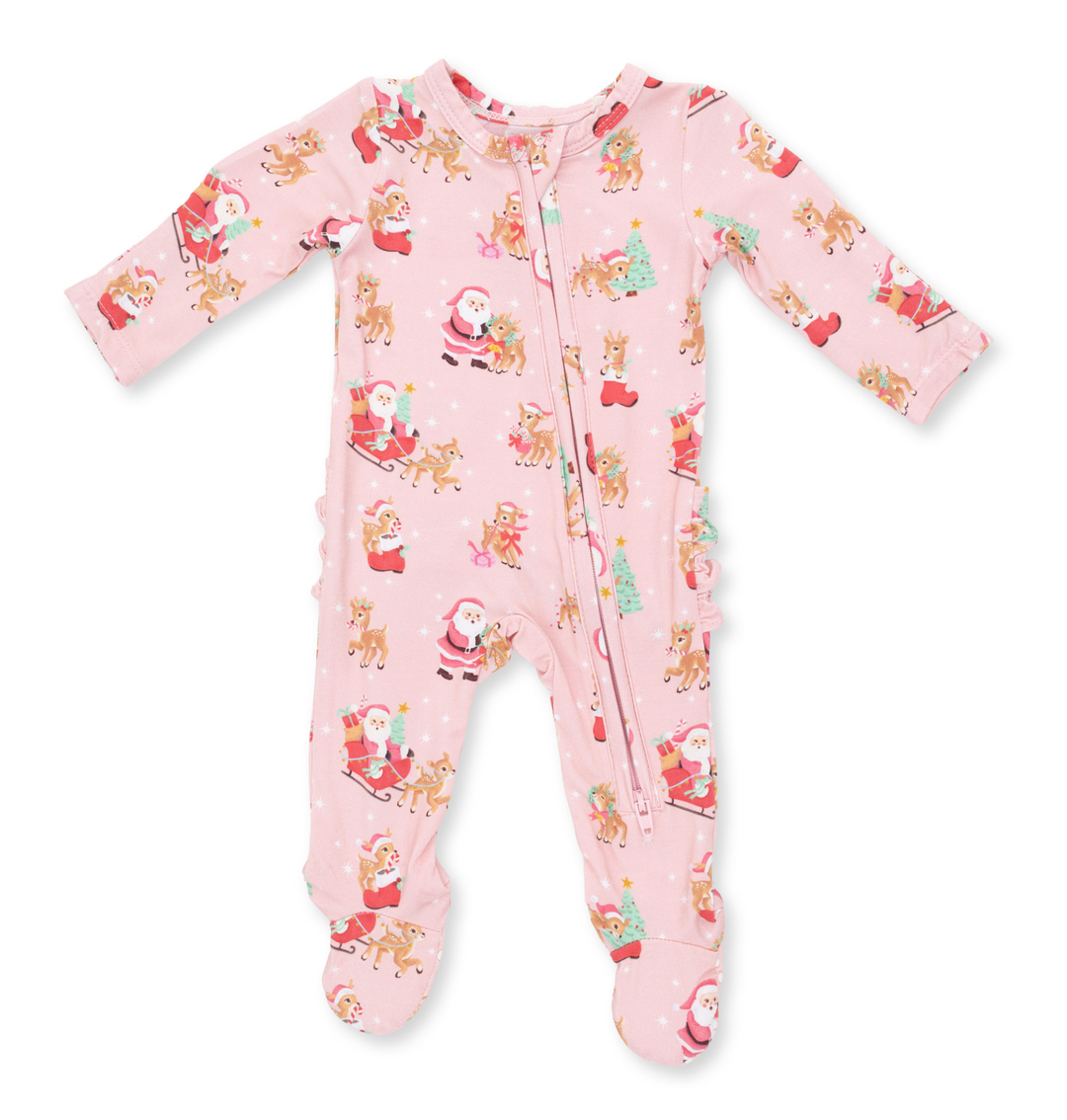 Two Way Ruffle Back Zipper Footie | Vintage Reindeer &amp; Santa Pink