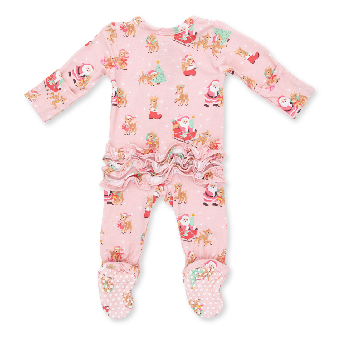 Two Way Ruffle Back Zipper Footie | Vintage Reindeer &amp; Santa Pink