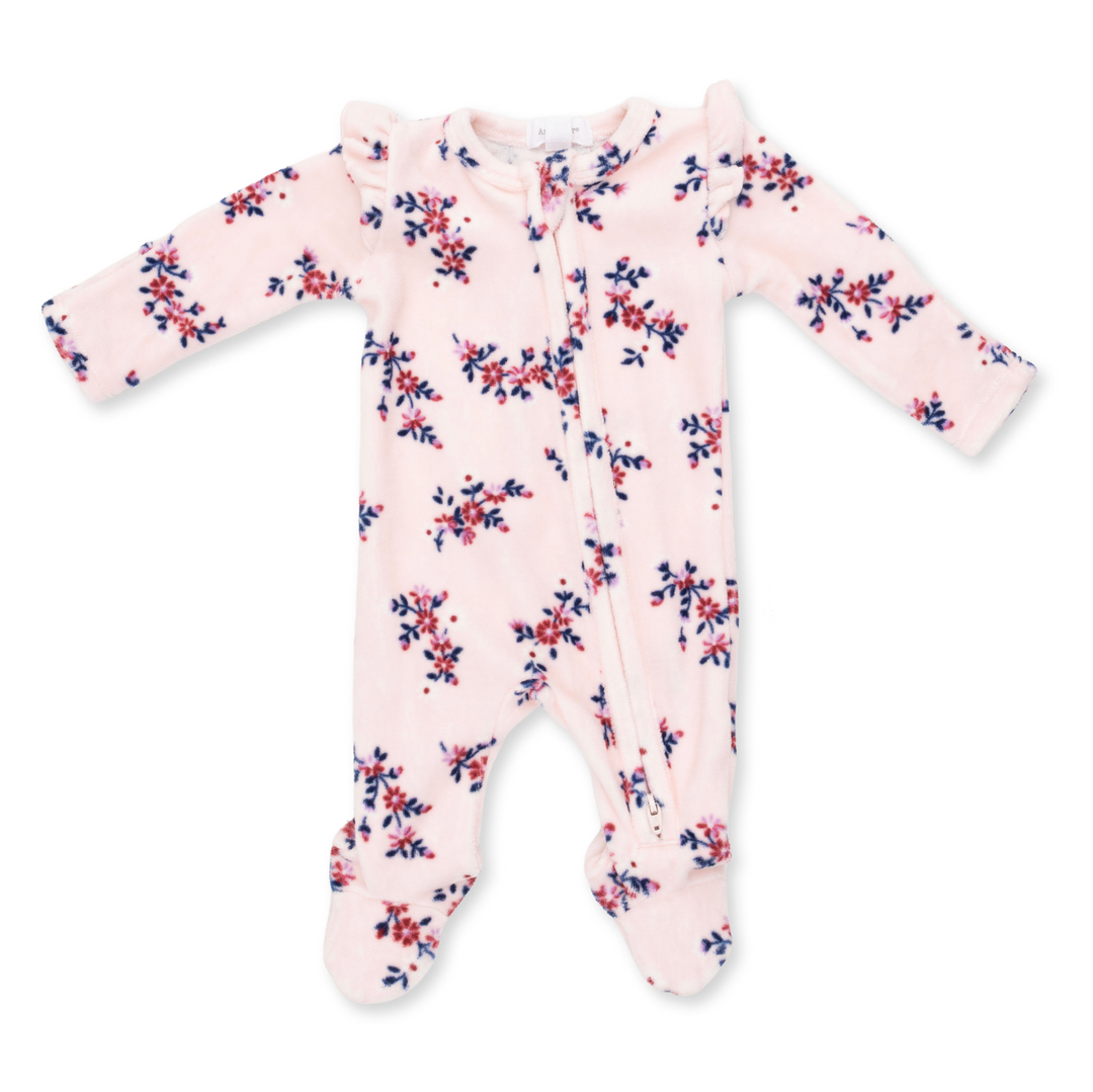 Two Way Zipper Ruffle Sleeve Footie | Nora Floral Velour