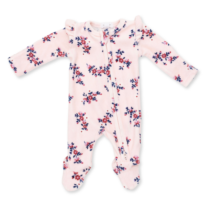Two Way Zipper Ruffle Sleeve Footie | Nora Floral Velour