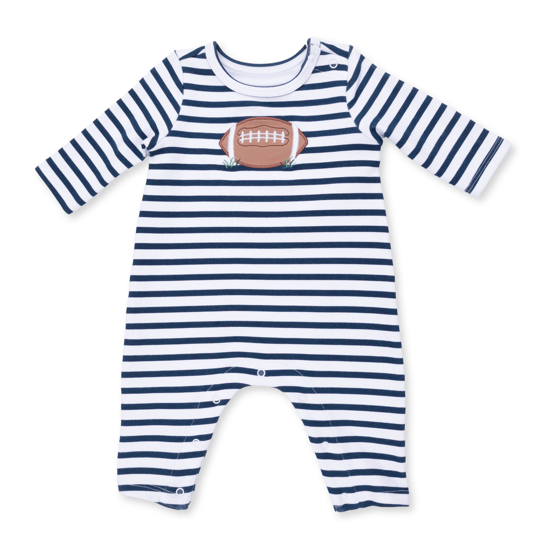 LS Shoulder Snap Romper | Navy Stripe w/Football