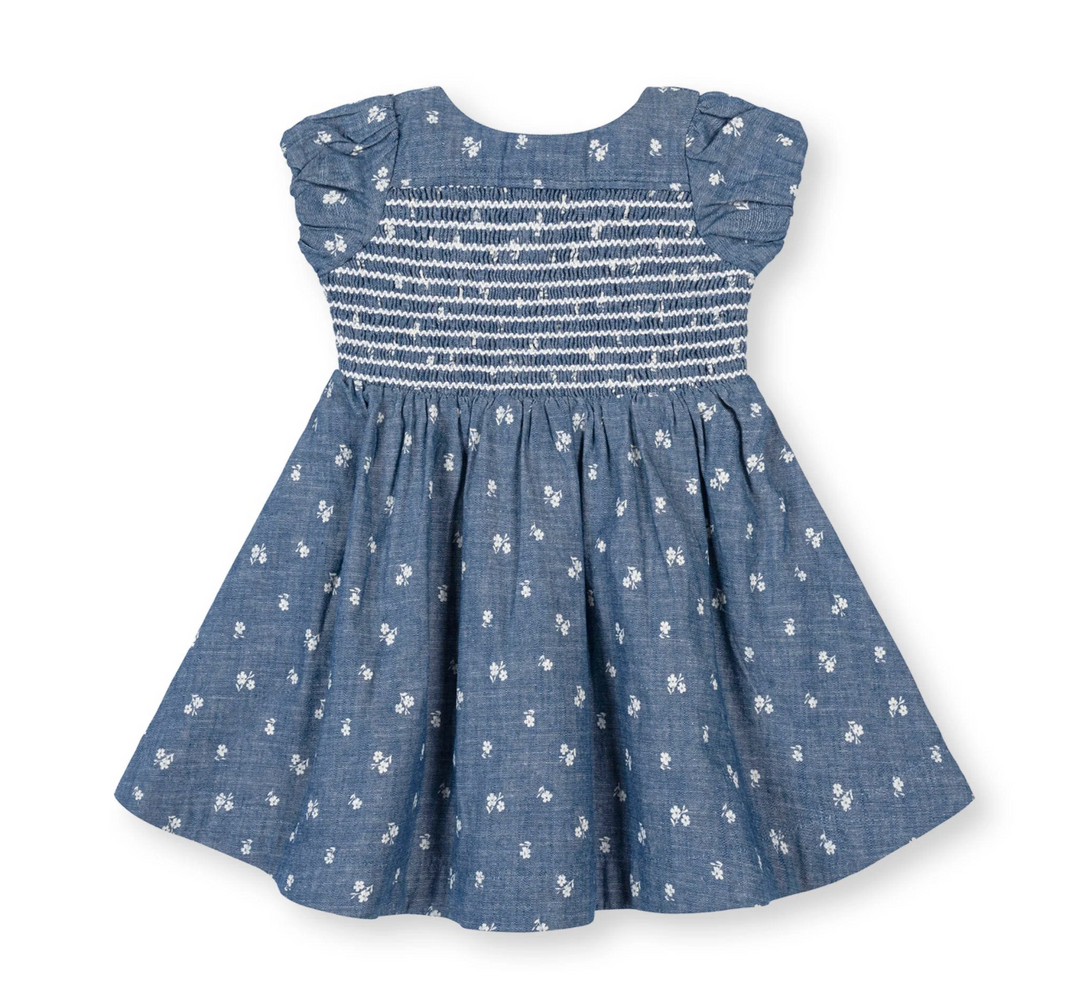 Organic Chambray Smocked Puff Sleeve Dress | Floral