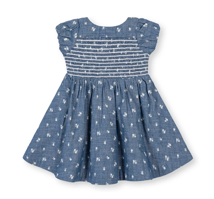 Organic Chambray Smocked Puff Sleeve Dress | Floral