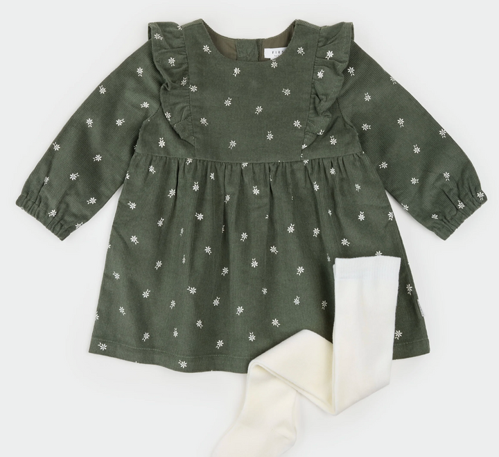 Dk Green Sweet Floral Corduroy Dress &amp; Legging Set