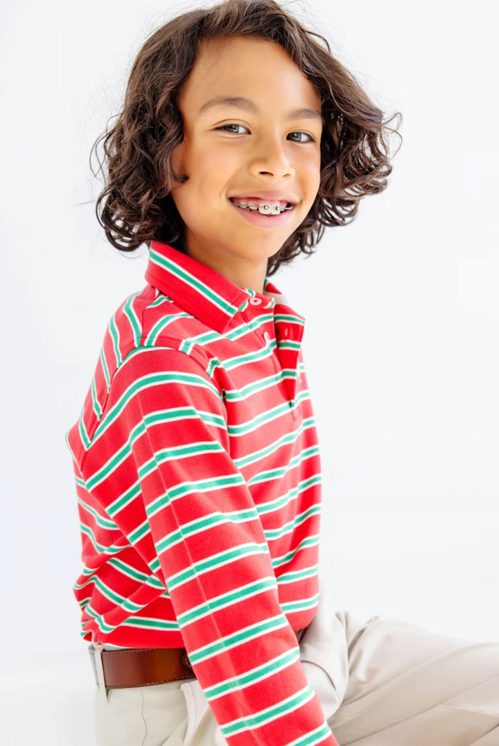 Prim and Proper Long Sleeve Polo | Richmond Red &amp; Kiawah Kelly Green Stripe