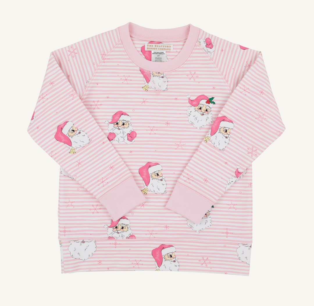 Cassidy Comfy Girls Crewneck French Terry | Dear Santa Pink Stripe