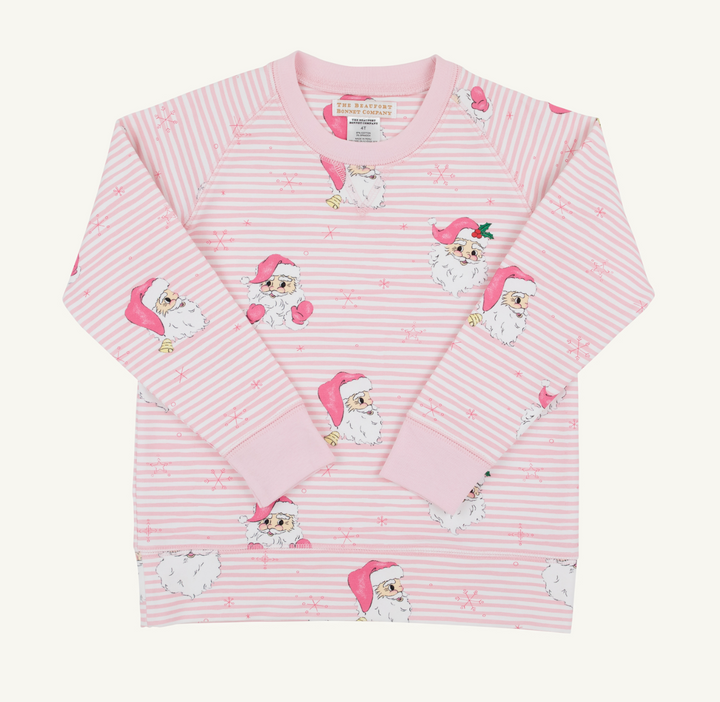 Cassidy Comfy Girls Crewneck French Terry | Dear Santa Pink Stripe