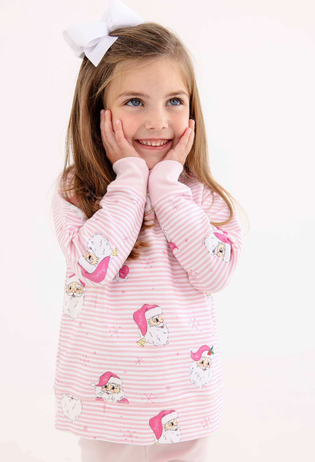 Cassidy Comfy Girls Crewneck French Terry | Dear Santa Pink Stripe