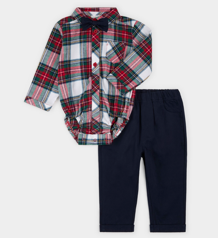 Poinsettia Plaid Flannel Top/Pants/Bow Tie Set