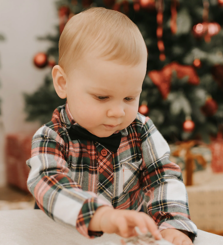 Poinsettia Plaid Flannel Top/Pants/Bow Tie Set