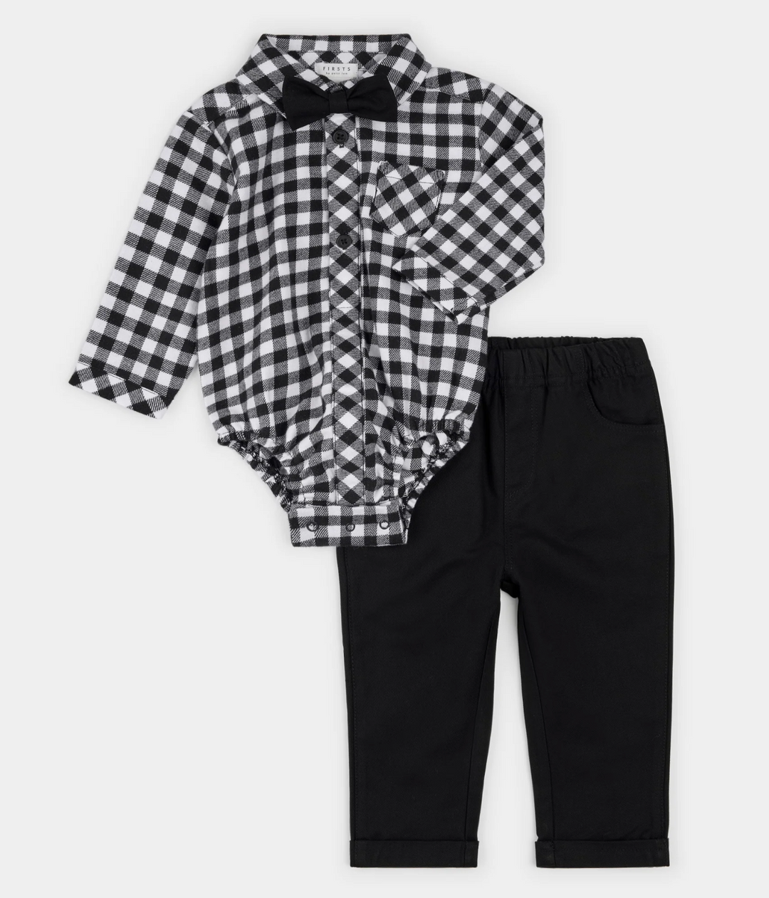 Bl/White Tartan Flannel Top/Pants/Bow Tie Set