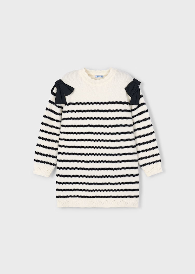4916 | Black & Cream Striped Sweater Dress with Bows