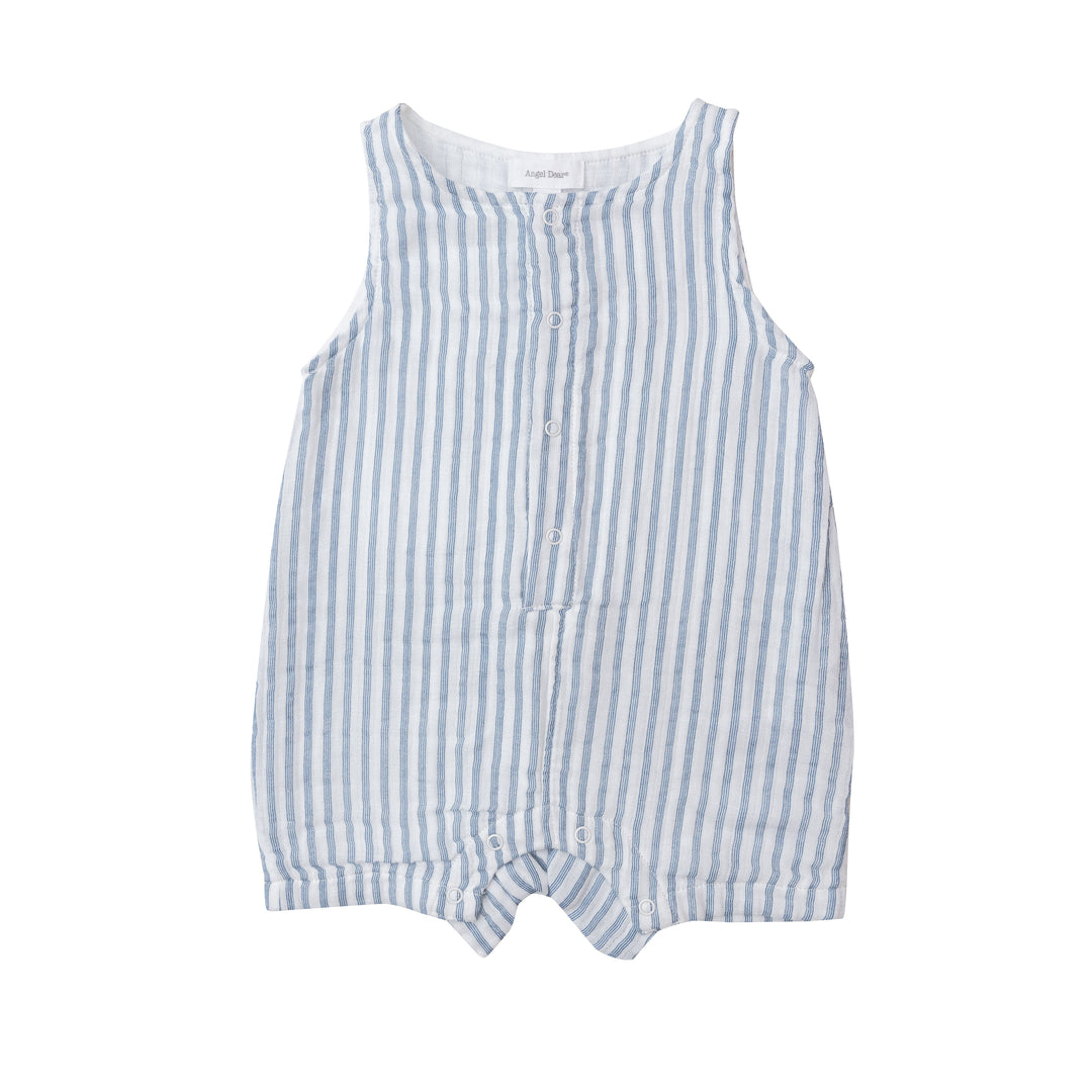 Muslin Shortie Romper | Nautical Ticking Blue Stripe