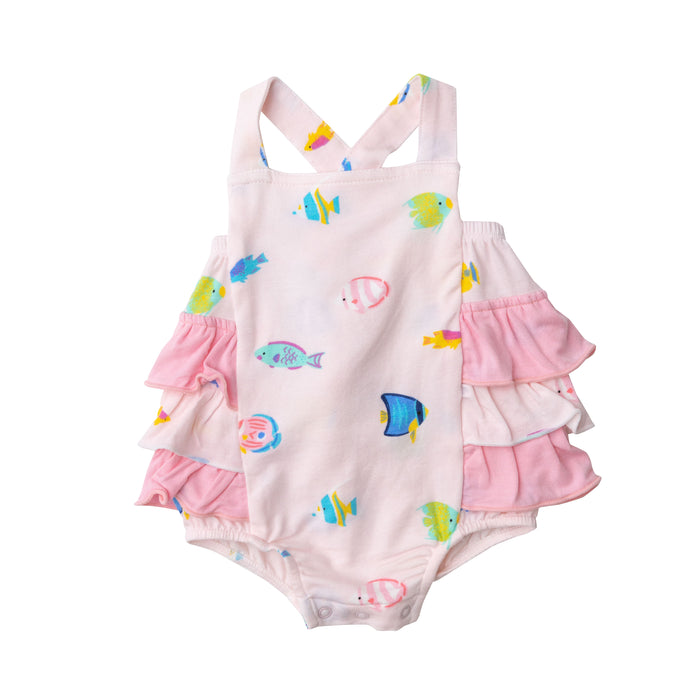 Bamboo Ruffle Sunsuit | Pink Tropical Fish