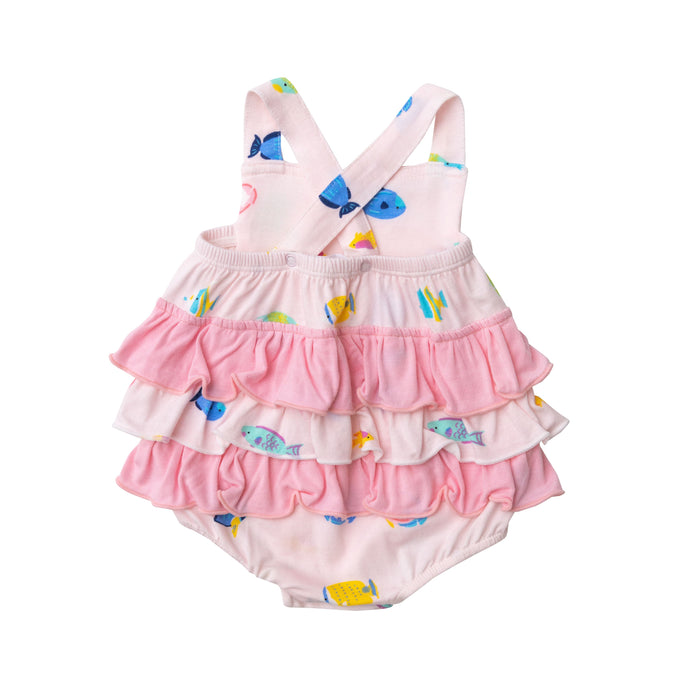 Bamboo Ruffle Sunsuit | Pink Tropical Fish