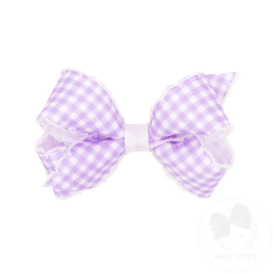 Mini Grosgrain Pastel With Moonstitch Trimmed Girls Hair Bow | Gingham Print