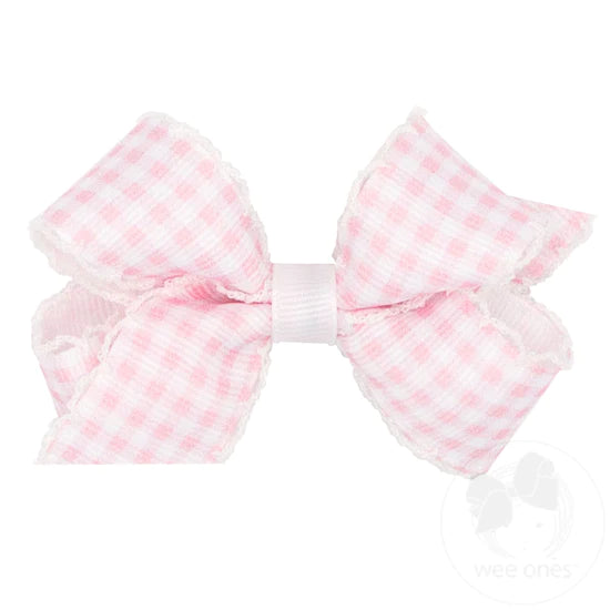 Mini Grosgrain Pastel With Moonstitch Trimmed Girls Hair Bow | Gingham Print