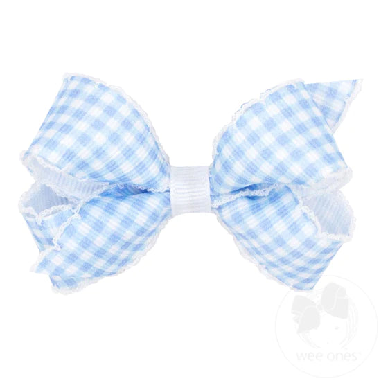 Mini Grosgrain Pastel With Moonstitch Trimmed Girls Hair Bow | Gingham Print