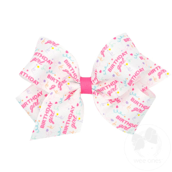 Colorful Birthday Themed Party Patterned Grosgrain Girls Hair Bow | Medium
