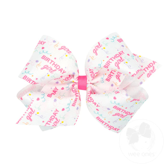 King Colorful Birthday Themed Party Patterned Grosgrain Girls Hair Bow | Birthday Girl
