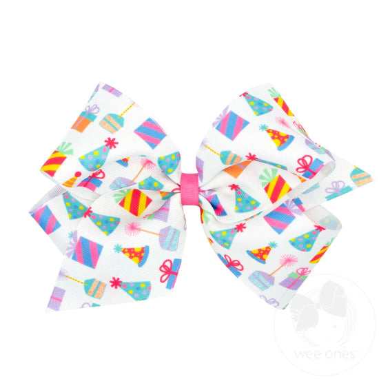 King Colorful Birthday Themed Party Patterned Grosgrain Girls Hair Bow | Party