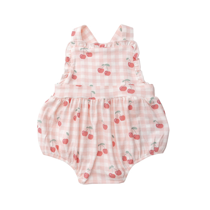 Bamboo Ruffle Bib Sunsuit | Pink Cherry Gingham