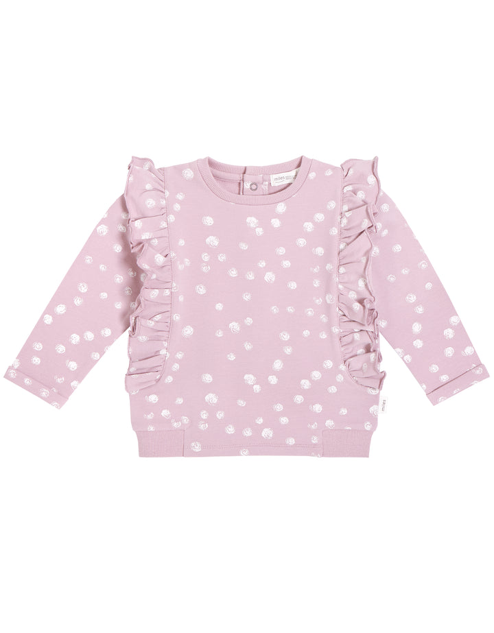 Lavender Ruffle Sweatshirt with White Dots