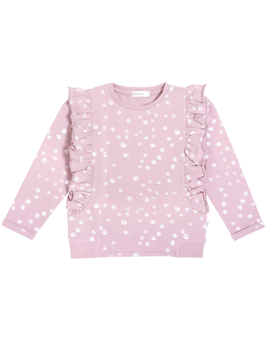 Lavender Ruffle Sweatshirt with White Dots