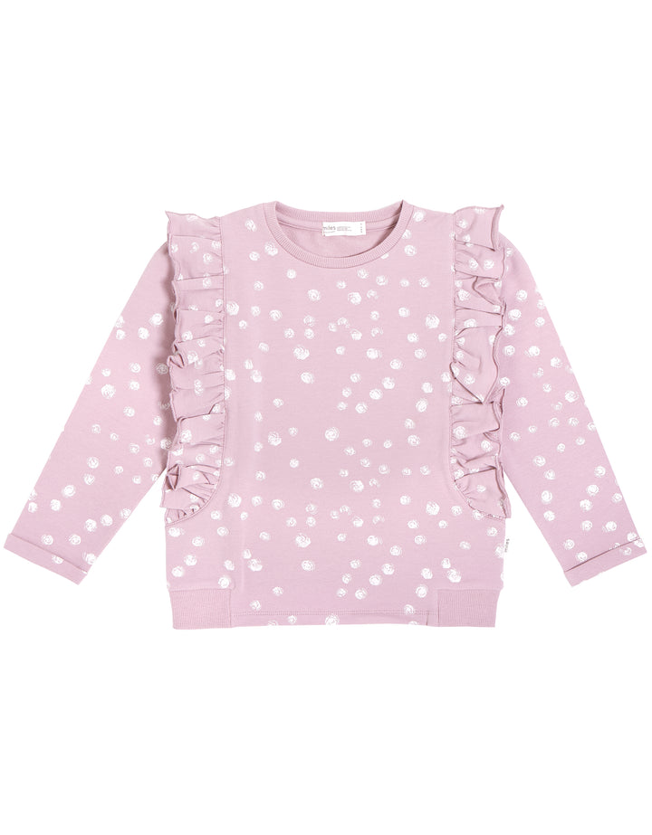Lavender Ruffle Sweatshirt with White Dots