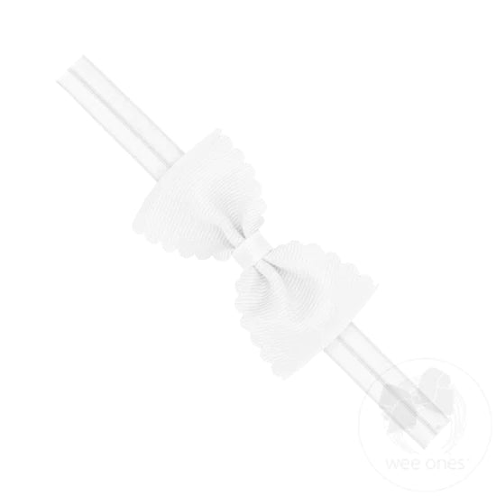 Small Scalloped Edge Grosgrain Bow on Band | White