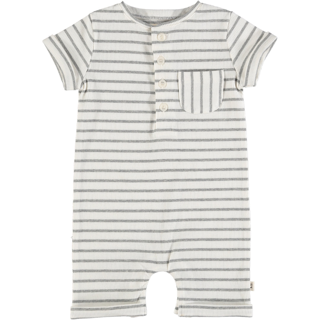 Camborne Henley Romper | Grey and White Stripe