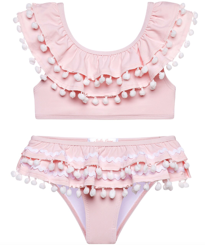 Pink two piece bikini with poms